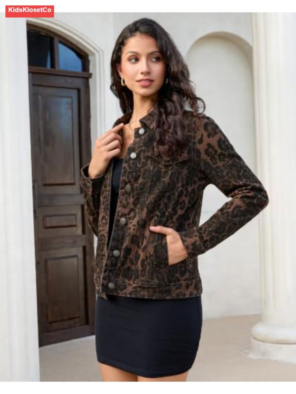 Women's Stretch Denim Jean Jacket with Leopard Print, Button Front - Picture 4 of 6